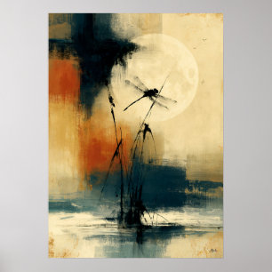 Poster Parede de Libélula Abstrata Sumi-E Japonesa Tonbo