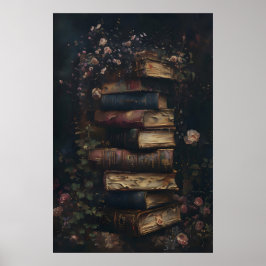 Poster Parede de Livros Antigos e Rosas da Dark Academia