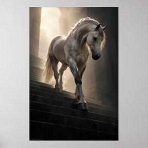 Poster Parede Equestre do Cavalo Branco Descendo Degraus