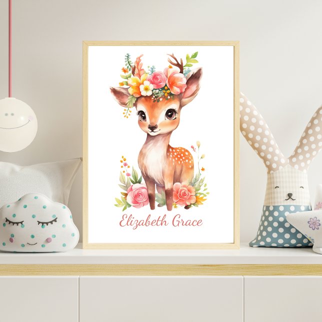 Poster Paredes de Berçário com Cervos Bebês Personalizado (Baby Deer Pink Florals Watercolor Personalized Nursery Wall Art Poster Print)