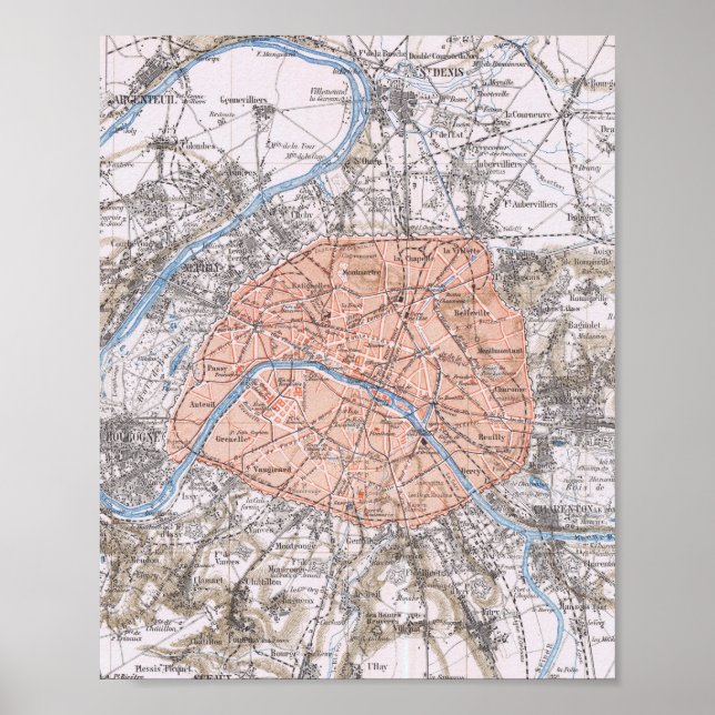 Poster Parijs, frankrijk, antieke kaart 1895 (Frente)