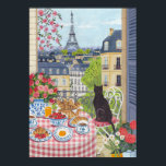 Poster Paris Balcony Breakfast Cat Eiffel Tower View Arts<br><div class="desc">Charming Paris balcony scene featuring a relaxed black cat gazing over the rooftops toward the Eiffel Tower. A romantic breakfast table with croissants, strawberries, coffee, and classic blue-and-white French ceramics creates a cozy Parisian morning atmosphere. Perfect wall art for lovers of Paris, cats, travel memories, and elegant European city scenes....</div>