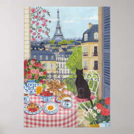 Poster Paris Balcony Breakfast Cat Eiffel Tower View Arts