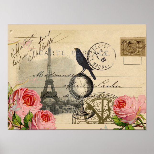 Poster Paris Crow Globe - França - Cartão-postal Rosa Art (Frente)