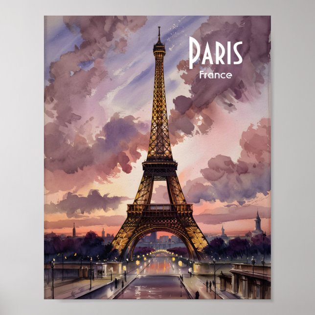 Poster Paris Eiffel Tower Twilight Watercolor Custom Text (Frente)