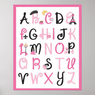 Poster Paris França Alfabeto A a Z em Rosa Vibrante