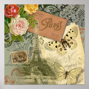 Póster Paris França Antiga Colagem de Trabalho de arte Ei