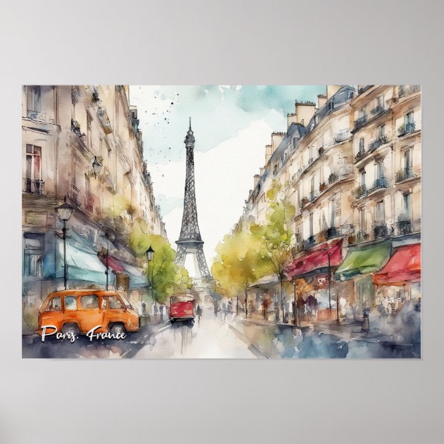Poster Paris França Cidade Silhouette Watercolor (Frente)