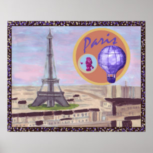 Póster Paris França com Torre Eiffel, poodle rosa e h