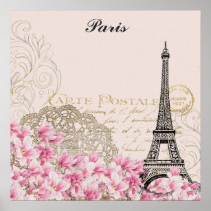 Poster Paris França Torre Eiffel Flores Rosa Rosa Vintage