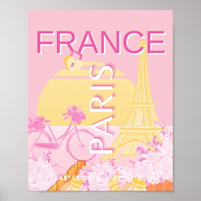 Poster Paris, França, Viagem, Arte, Pré-Disquete, Rosa (Frente)