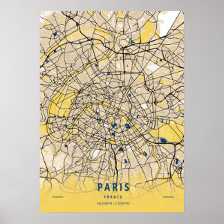 Poster Paris - Mapa da cidade amarela da França