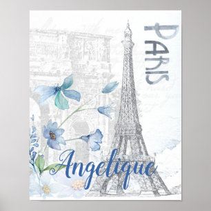 Poster Paris Scene and Blue Flowers Custom 