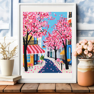 Poster Paris Street Cherry Blossoms Cafe Wall Art