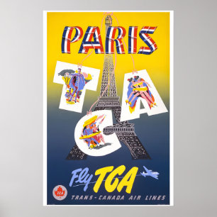 Poster Paris - Voar TCA 1951 Estilo Vintage Viagens Aérea