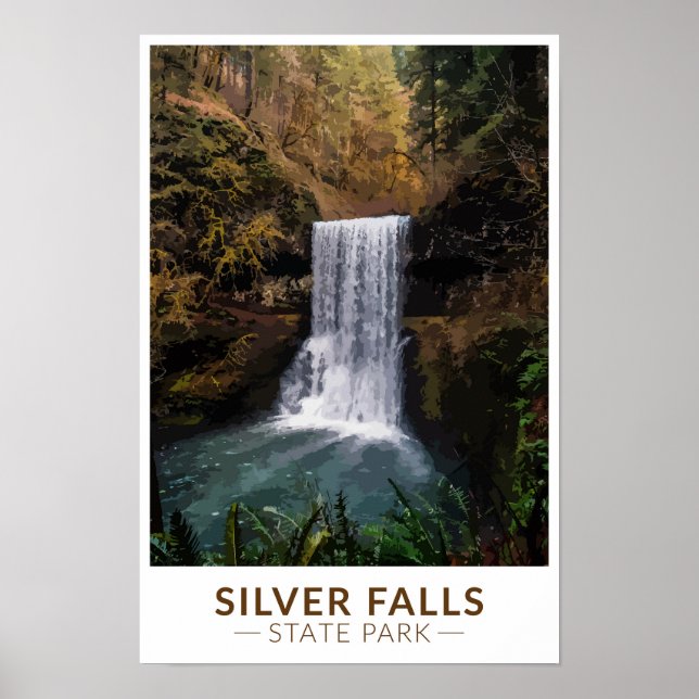 Poster Parque Estadual Silver Falls Oregon Aquarela Vinta (Frente)