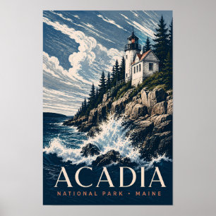Poster Parque Nacional Acadia Maine Viagem Xilogravura Mo