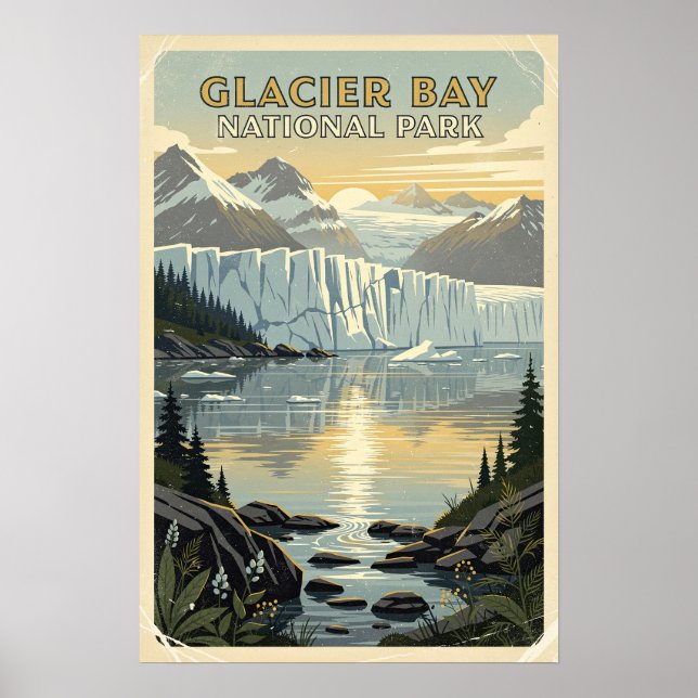 Poster Parque Nacional da Baía do Glaciar Retro (Frente)