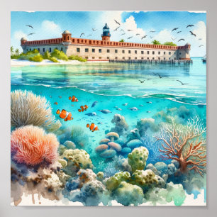 Poster Parque Nacional de Tortugas Seco Forte Aquarela