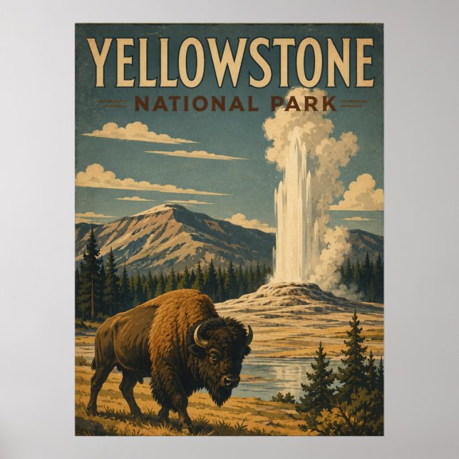 Poster Parque Nacional de Yellowstone Bisonte Estilo Vint (Frente)