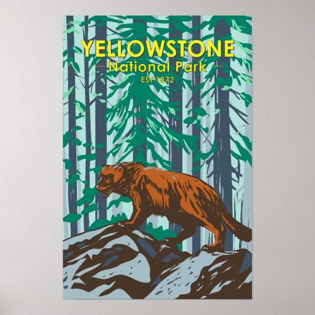 Poster Parque Nacional de Yellowstone Wolverine Vintage (Frente)
