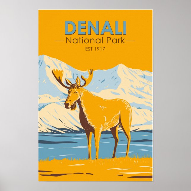 Poster Parque Nacional Denali Alasca Alce Vintage  (Frente)