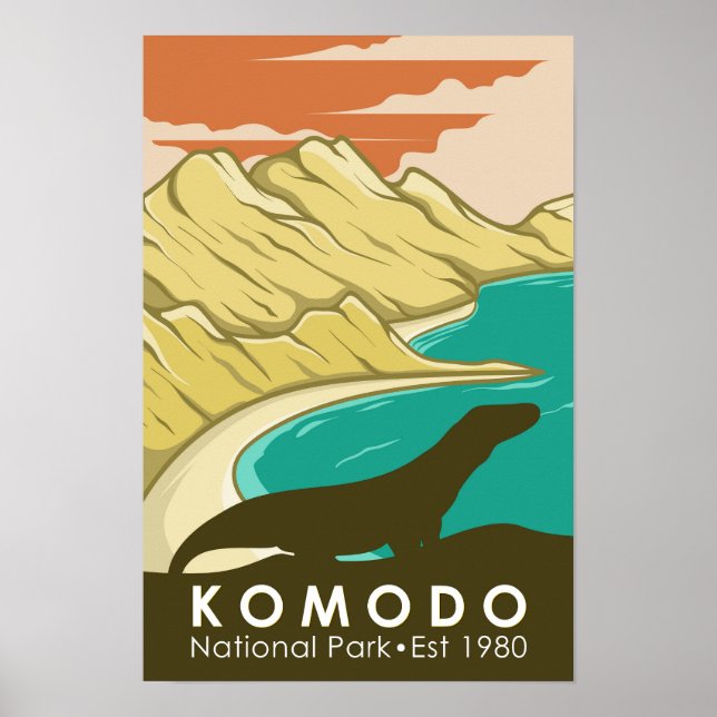Poster Parque Nacional do Komodo, Indonésia Vintage (Frente)
