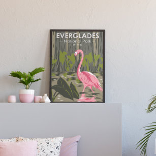 Poster Parque Nacional Everglades Flamingo Vintage, Flami