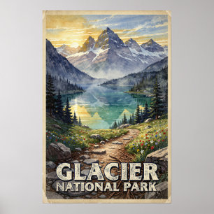 Poster Parque Nacional Glaciar Watercolor Retro