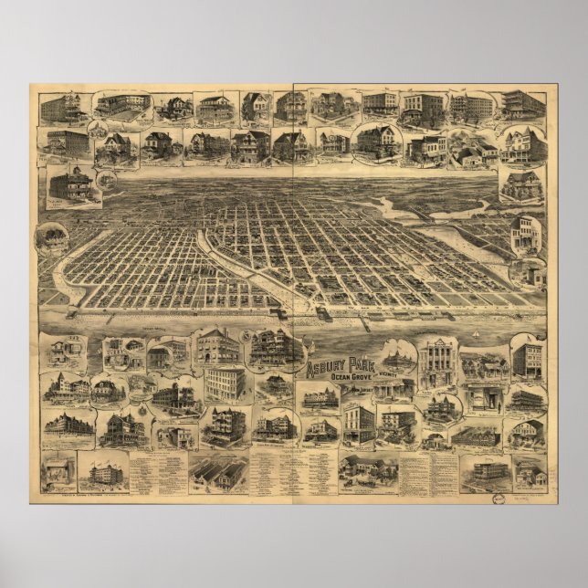 Póster Parque Ocean Grove & Asbury, 1897, Mapa Panorâmico (Frente)