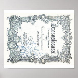 Póster Partitura do vintage - Greensleeves autografado