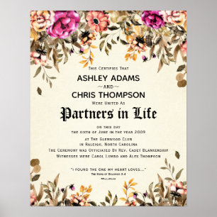 Poster "Partners For Life" Floral Wedding Certificate