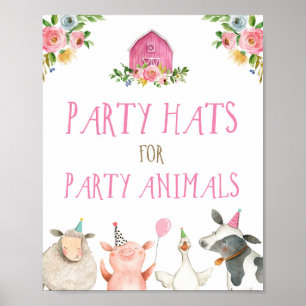 Poster Party Hats Farm Animals Barnyard Girl Birthday Pos