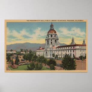 Póster Pasadena, CA - vista da câmara municipal & Librar