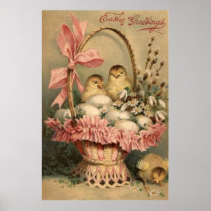 Poster Páscoa Cesta de Ovos Pintinho Cor-de-rosa Arco Es
