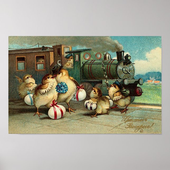 Poster Páscoa de Vintage russa com comboio (Frente)