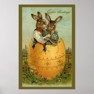 Póster Páscoa do vintage, coelhos do Victorian em um ovo