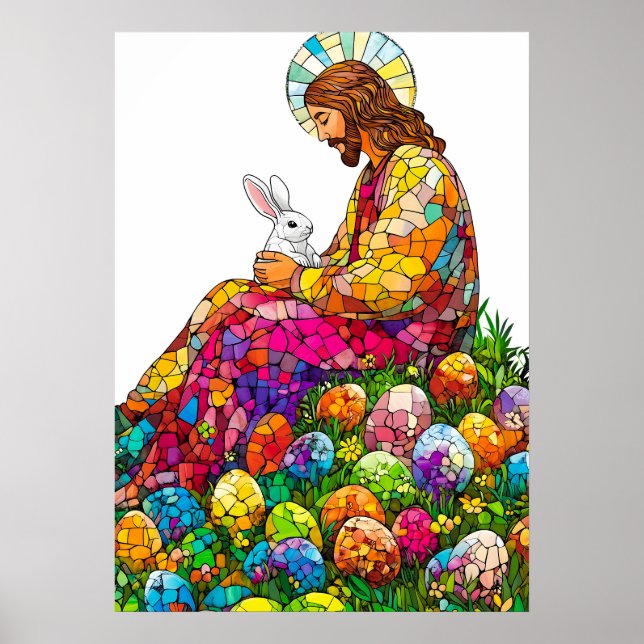 Poster Páscoa Jesus coelho Ovo caçam vibrantes (Frente)