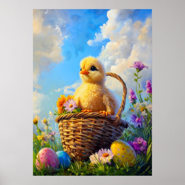 Poster Páscoa Pintura De Ovos Com Pintinho De Bebê (Frente)