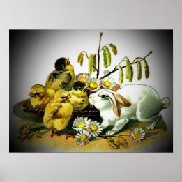 Póster Páscoa Vintage Pintinhos de Coelho Branco e Bebês,