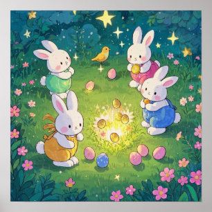 Poster Páscoas de cartoon escondendo ovos em um jardim