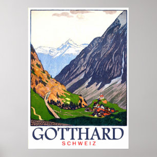 Poster Passagem de Gotthard, Suiça, vila, safra