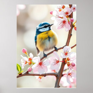 Poster Passarinho Charmoso de Cabeça Azul em Maçã em Flor