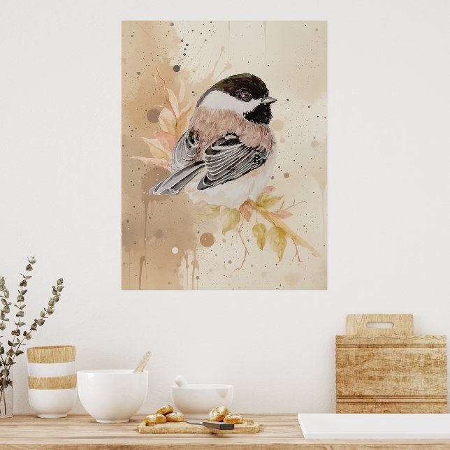 Poster Passarinho Chickadee Pintado à Mão com Aquarela Or (Cozinha)