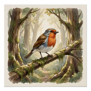 Póster Passarinho cute em floresta antiga