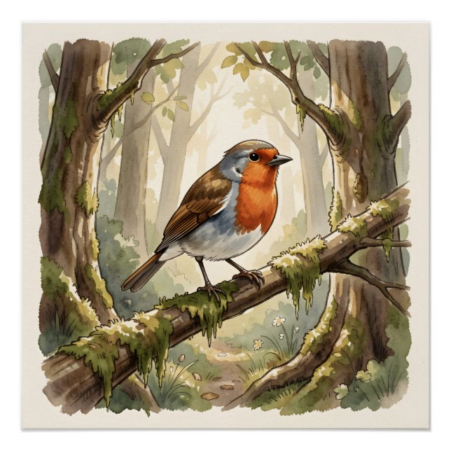 Póster Passarinho cute em floresta antiga (Frente)