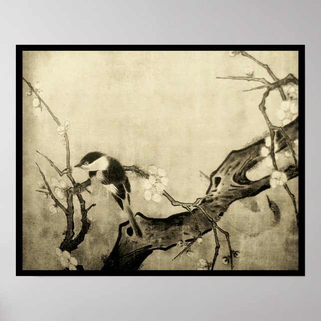 Poster PASSARINHO DA PRIMAVERA E ÁRVORE DE FLORES Marrom  (Frente)