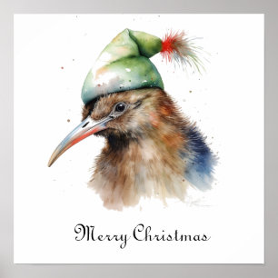 Poster Passarinho Kiwi Fofo com Chapéu de Elfo de Natal,