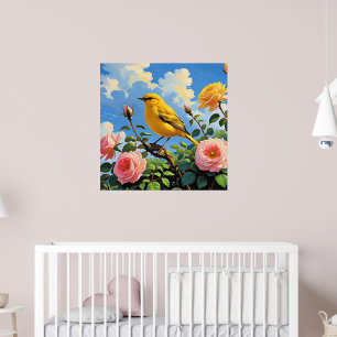Poster Pássaro amarelo colorido e rosas cor-de-rosa bonit