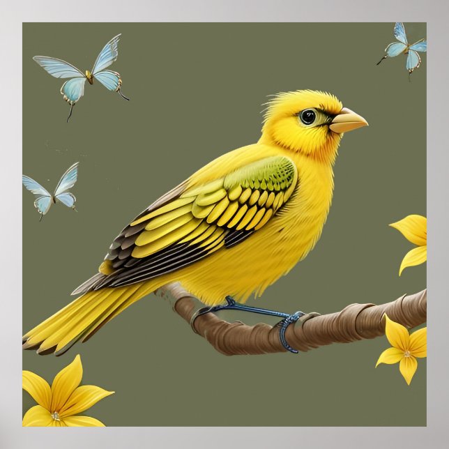 Poster Pássaro Amarelo Vibrante no Galho (Frente)